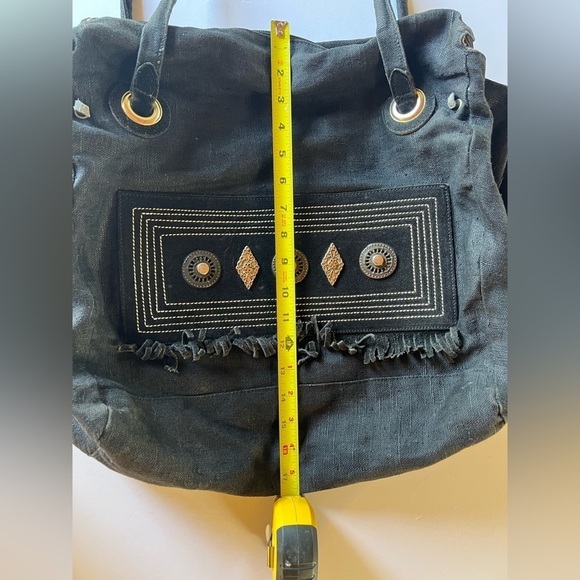 White Elephant Florence Italy linen canvas black fringe beaded tote aztec hippie - Picture 12 of 15